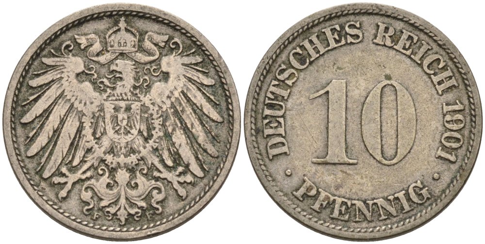 Германия 10 пфеннигов 1901 F KM 12, J. 13 медно-никель 4575-557