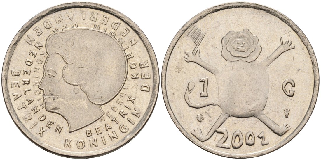 Нидерланды 1 гульден 2001 прощай гульден, детский рисунок, лев с флагом в руках KM 233 никель 4563-115