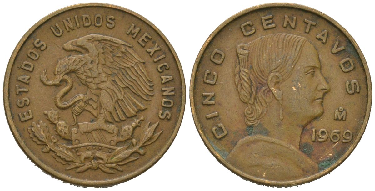 Мексика 5 сентаво 1969 Мо, Жозефа Ортис де Домингес KM 426 латунь 4618-748