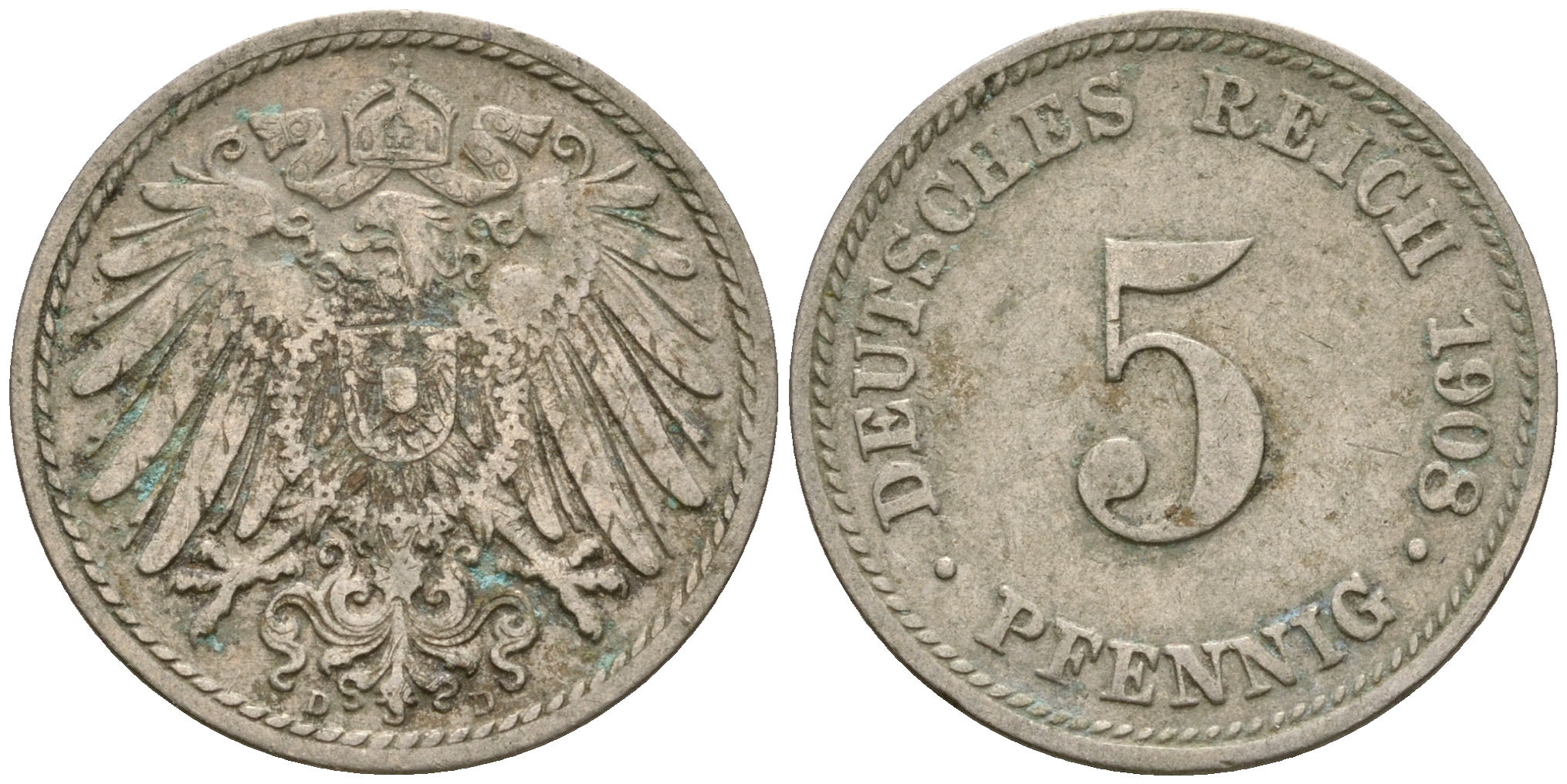 Германия 5 пфеннигов 1907 D, KM 11, J. 12 медно-никель 4364-3662