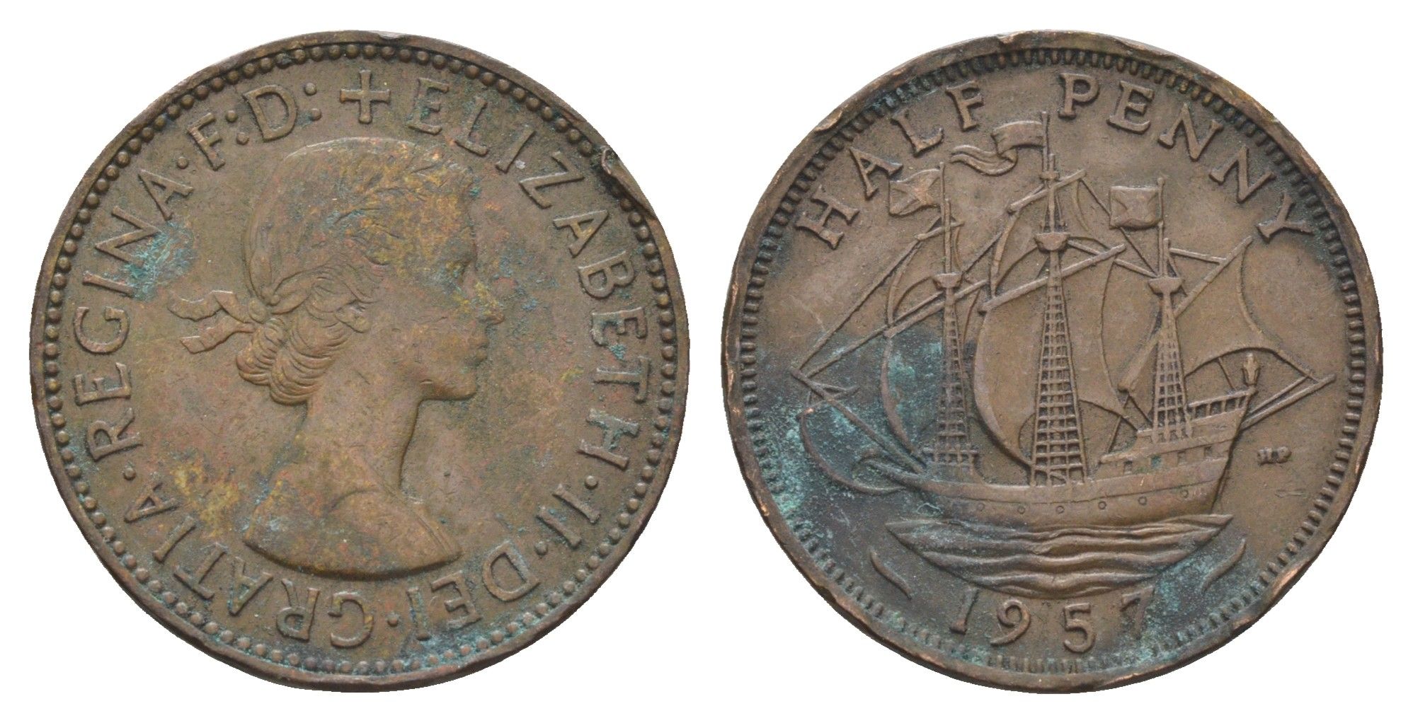 Великобритания 1/2 пенни 1957 Елизавета II (1952-2022) KM 896, Spink 4158 бронза 4662-1141