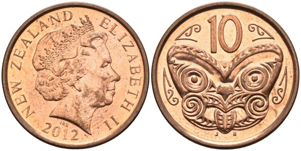 Новая Зеландия 10 центов 2012 маска Маори, Елизавета II (1952-) KM 117а сталь плакированная медью 68-316