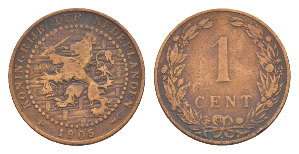 Нидерланды 1 цент 1905 Вильгельмина (1890-1948) KM 132 бронза 73-236