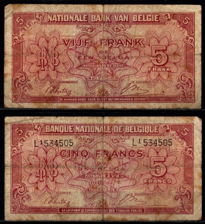 Бельгия 5 франков 1943 Pick 121 бумага 7203-65-1-1