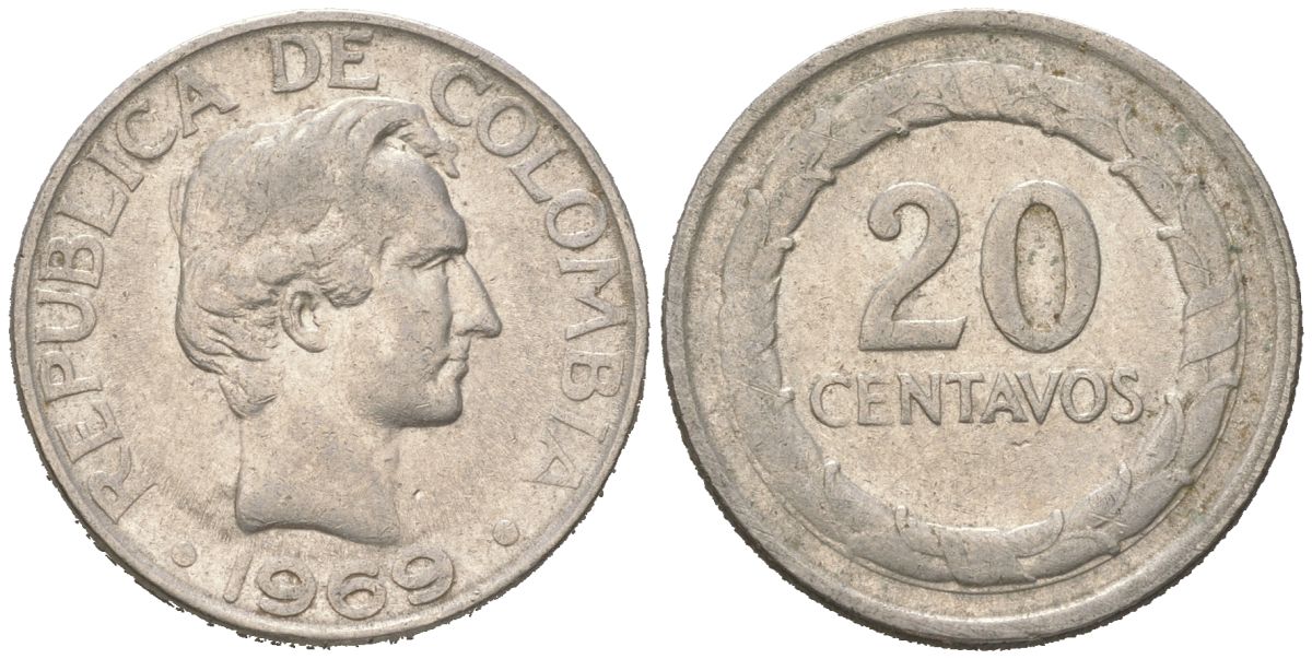 Колумбия 20 сентаво 1969 KM 227, Restrepo 394-2b сталь плакированная медью 4364-1134
