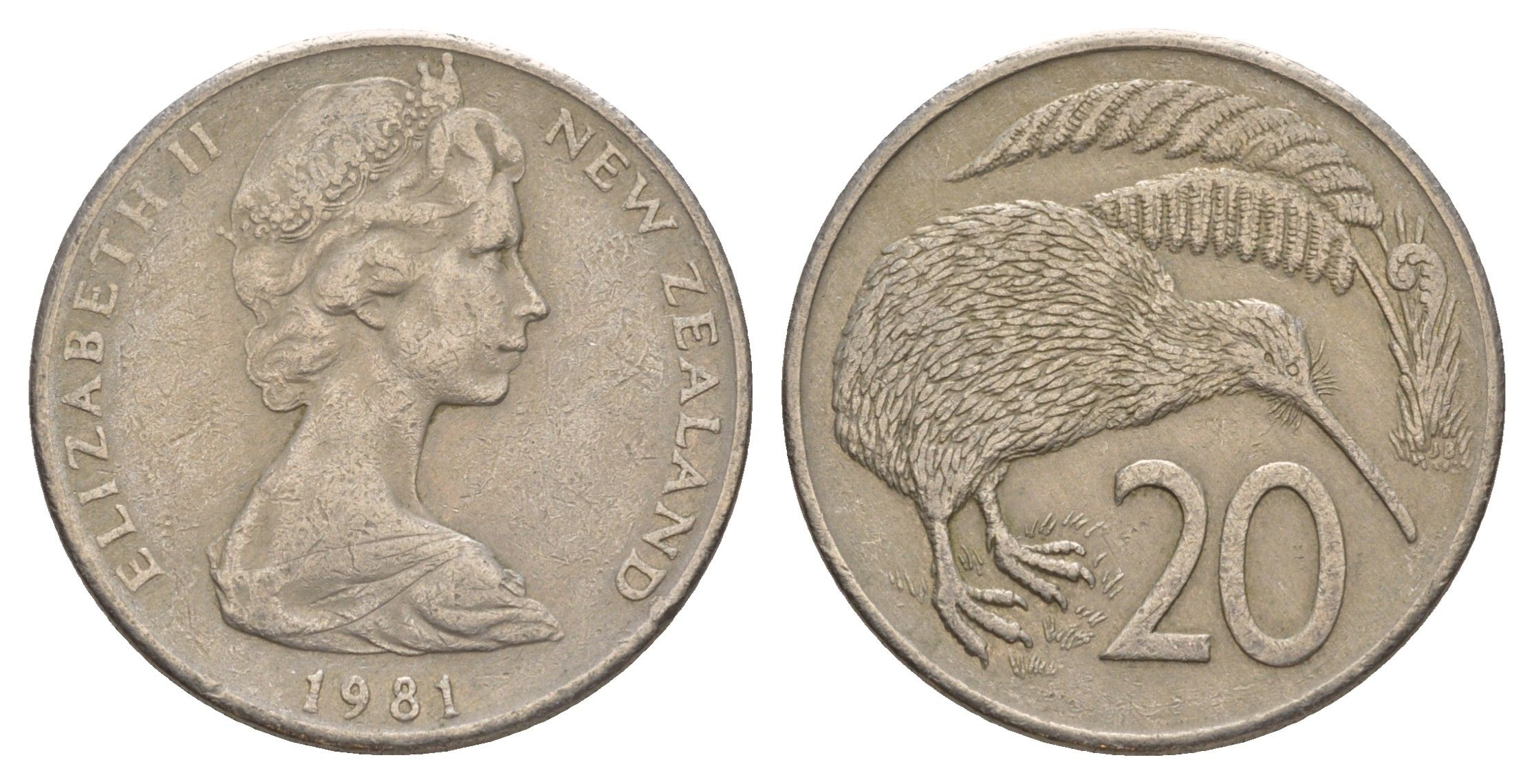 Новая Зеландия 20 центов 1981 Елизавета II (1952-2022), птичка киви KM 36.1 медно-никель 4182-1234