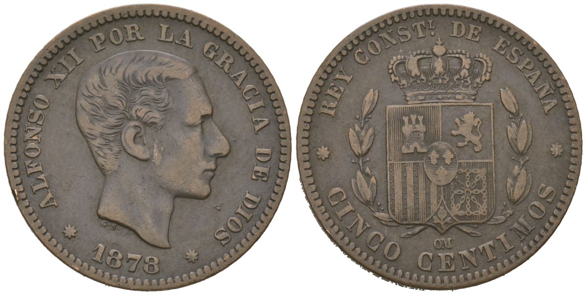 Испания 5 сентимо 1878 OM, Альфонсо XII (1874-1885) KM 674 бронза 92-1011