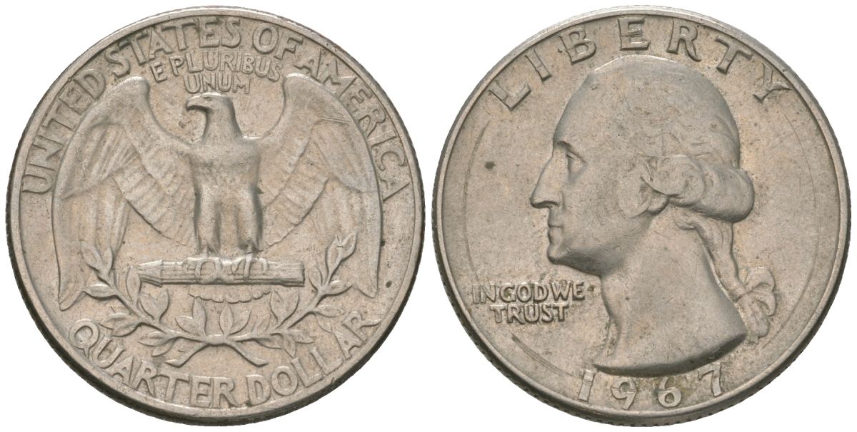 США 25 центов (квотер) 1967 Вашингтон KM 164a медь плакированная медно-никелем 4601-1214