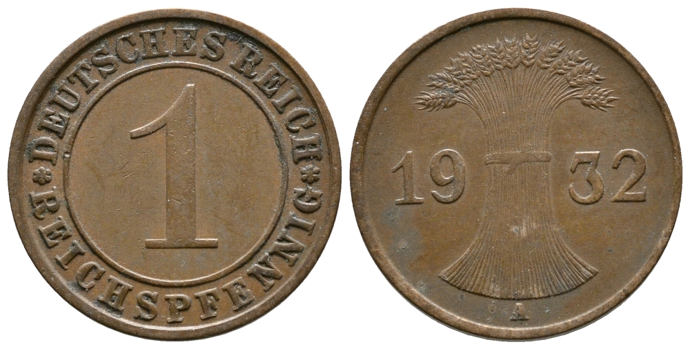 ГЕРМАНИЯ 1 РЕЙХСПФЕННИГ 1932 A KM 37, J. 313 бронза 4380-1225