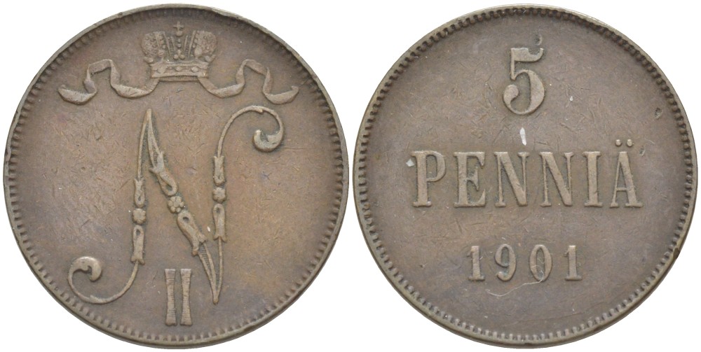 РОССИЯ ДЛЯ ФИНЛЯНДИИ 5 ПЕННИ 1901 НИКОЛАЙ II (1894-1917) KM 15, Биткин 445 медь 4539-246