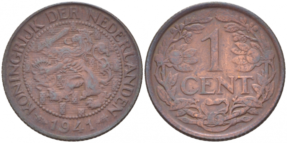 НИДЕРЛАНДЫ 1 ЦЕНТ 1941 ВИЛЬГЕЛЬМИНА (1890-1948) KM 152 бронза 214-739