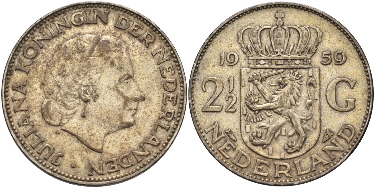 Нидерланды 2 1/2 гульдена 1959 Юлиана (1948-1980) KM 185 серебро 4131-1121