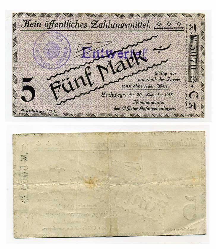Германия 5 марок 1917 Эшвеге (Гессен), лагерь военнопленных офицеров C-2947 бумага 504-85-1-1
