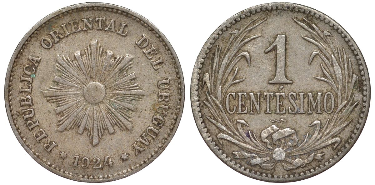 Уругвай 1 сентесимо 1924 KM 19 медно-никель 4169-638