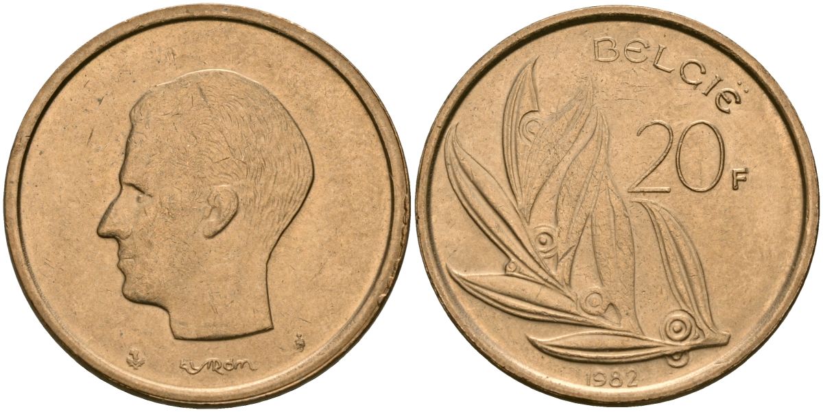 Бельгия 20 франков 1982 Belgie KM 160 никель бронза 4120-1131