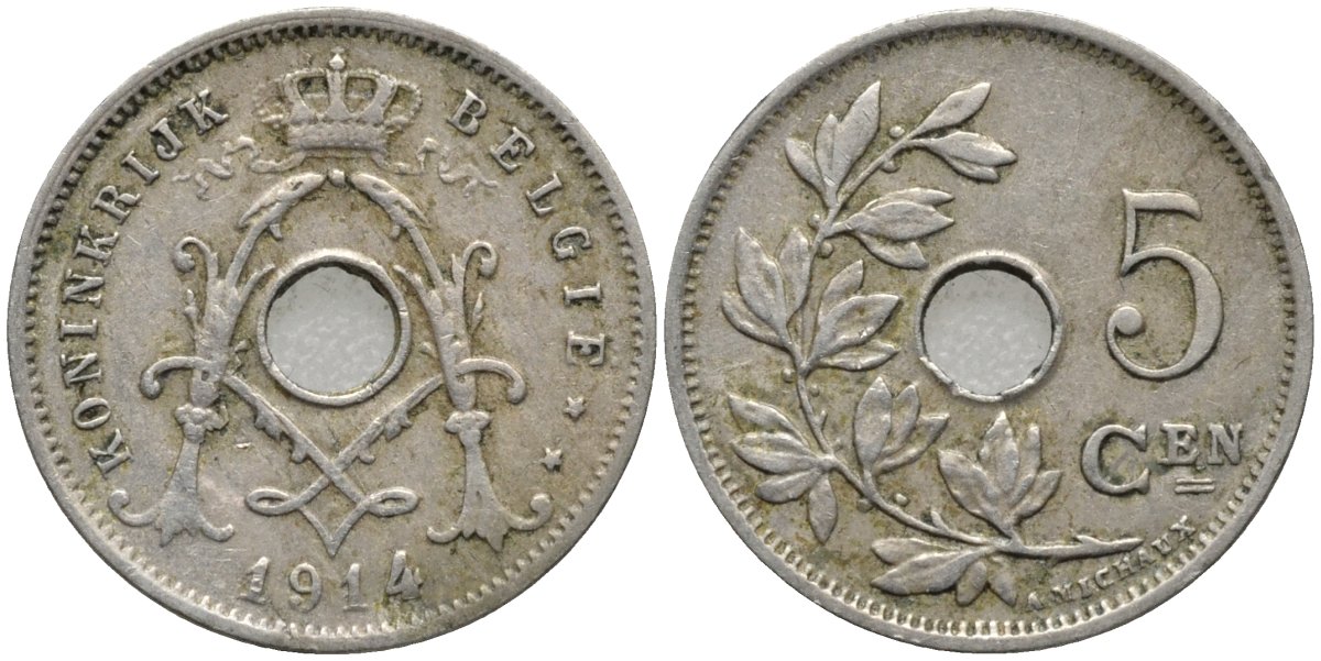 Бельгия 5 сантимов 1914 BELGIE KM 67 медно-никель 4516-923