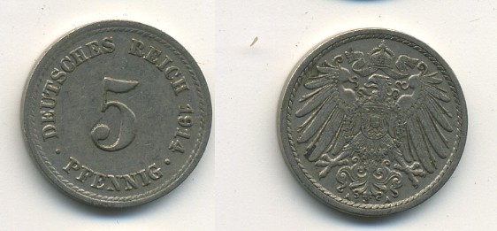 ГЕРМАНИЯ 5 ПФЕННИГОВ 1914 A, KM 11, J. 12 медно-никель 54-647