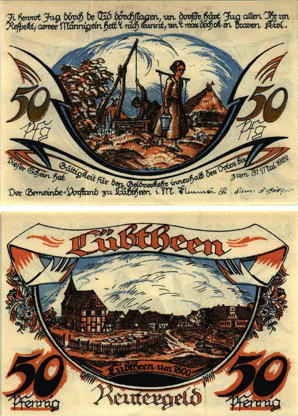ЛЮБТЗЕЕН (LUBTHEEN) 50 ПФЕННИГОВ 1922 НОТГЕЛЬД, 31 МАЯ 1922, ЗЕМЛЯ Grabowski 834.1 бумага 6318-30-3-1