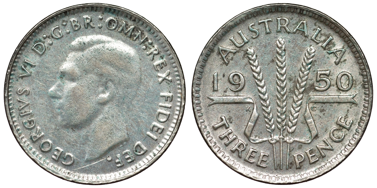 Австралия 3 пенса 1950 m, Георг VI (1937-1952), без букв KM 44 серебро 71-249