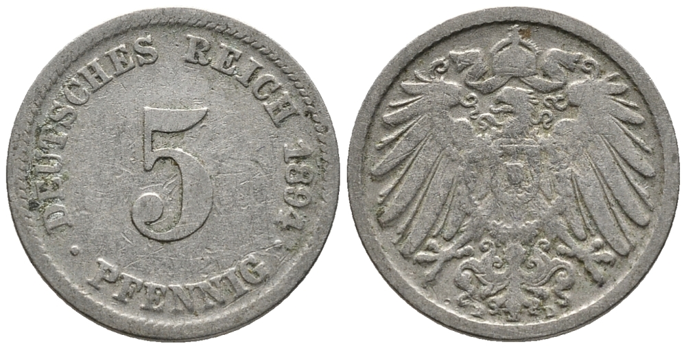 ГЕРМАНИЯ 5 ПФЕННИГОВ 1894 D KM 11, J. 12 медно-никель 39-666