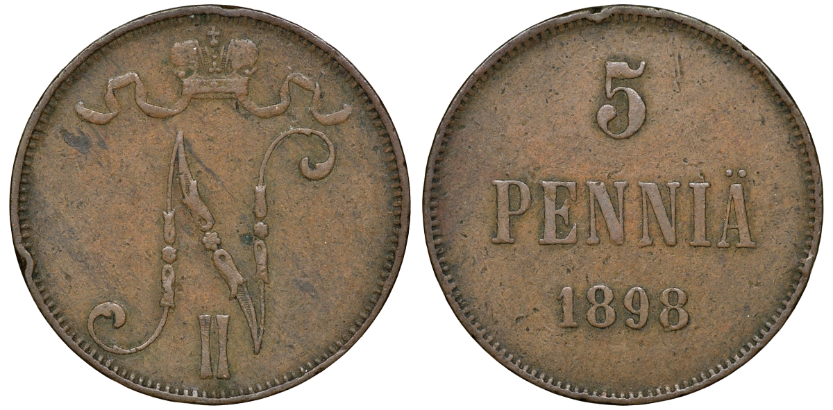 Россия для Финляндии 5 пенни 1898 Николай II (1894-1917) KM 15, Биткин 443 медь 51-721
