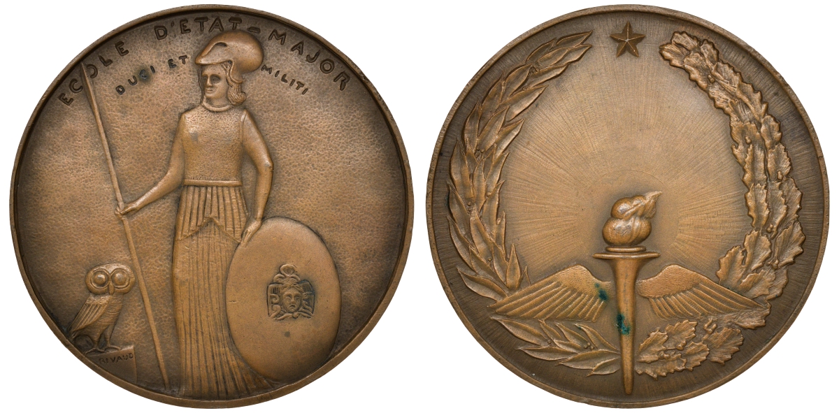 Франция медаль XX век выпускнику военной школы, сова, 68 мм, 152,7 гр бронза 4113-713