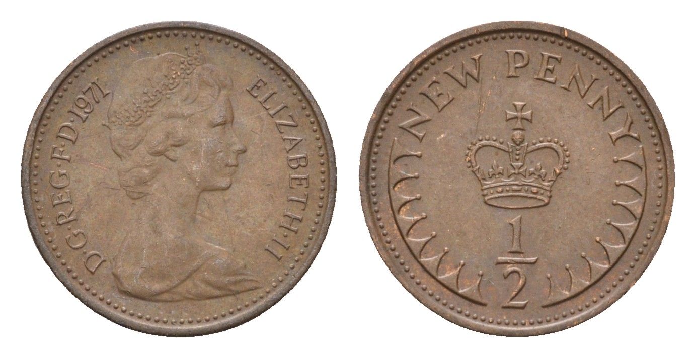 Великобритания 1/2 пенни 1971 Елизавета II (1952-2022) KM 914, Spink 4239 бронза 4697-863