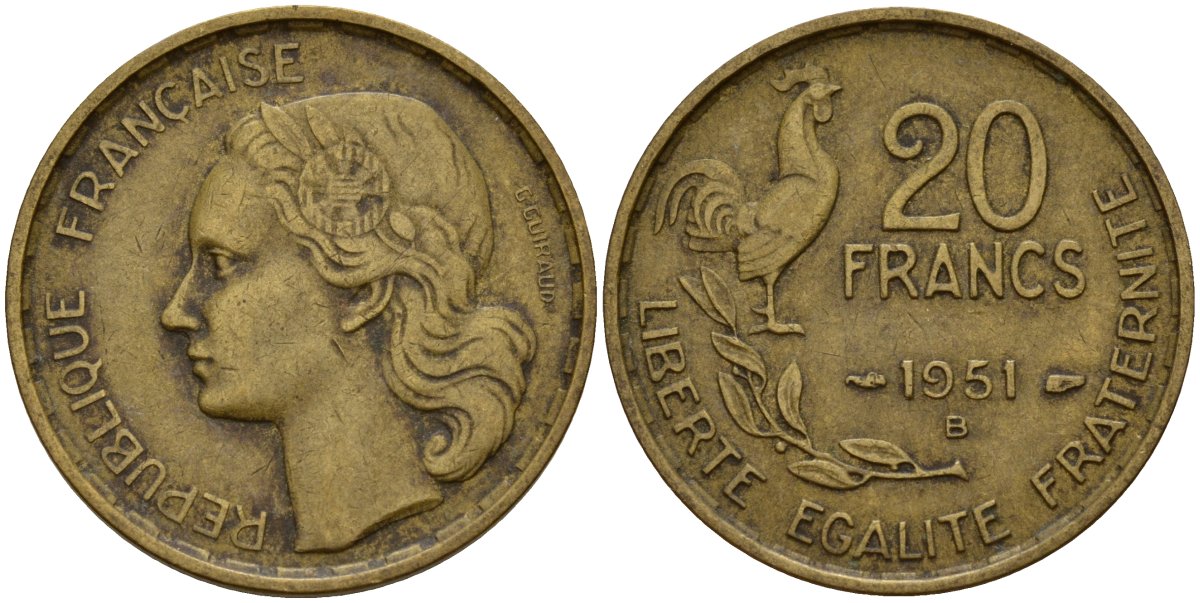 Франция 20 франков 1951 B, Петух KM 917.1 алюминиевая бронза 4159-935