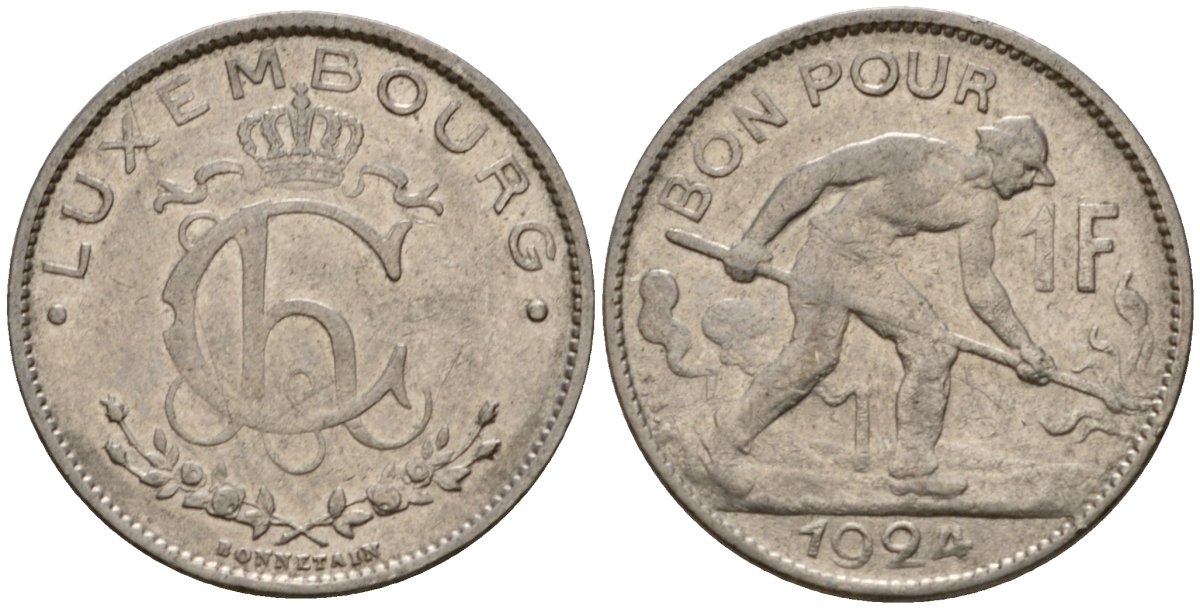 Люксембург 1 франк 1924 сталевар, Шарлотта (1918-1964) KM 35 никель 4603-1044