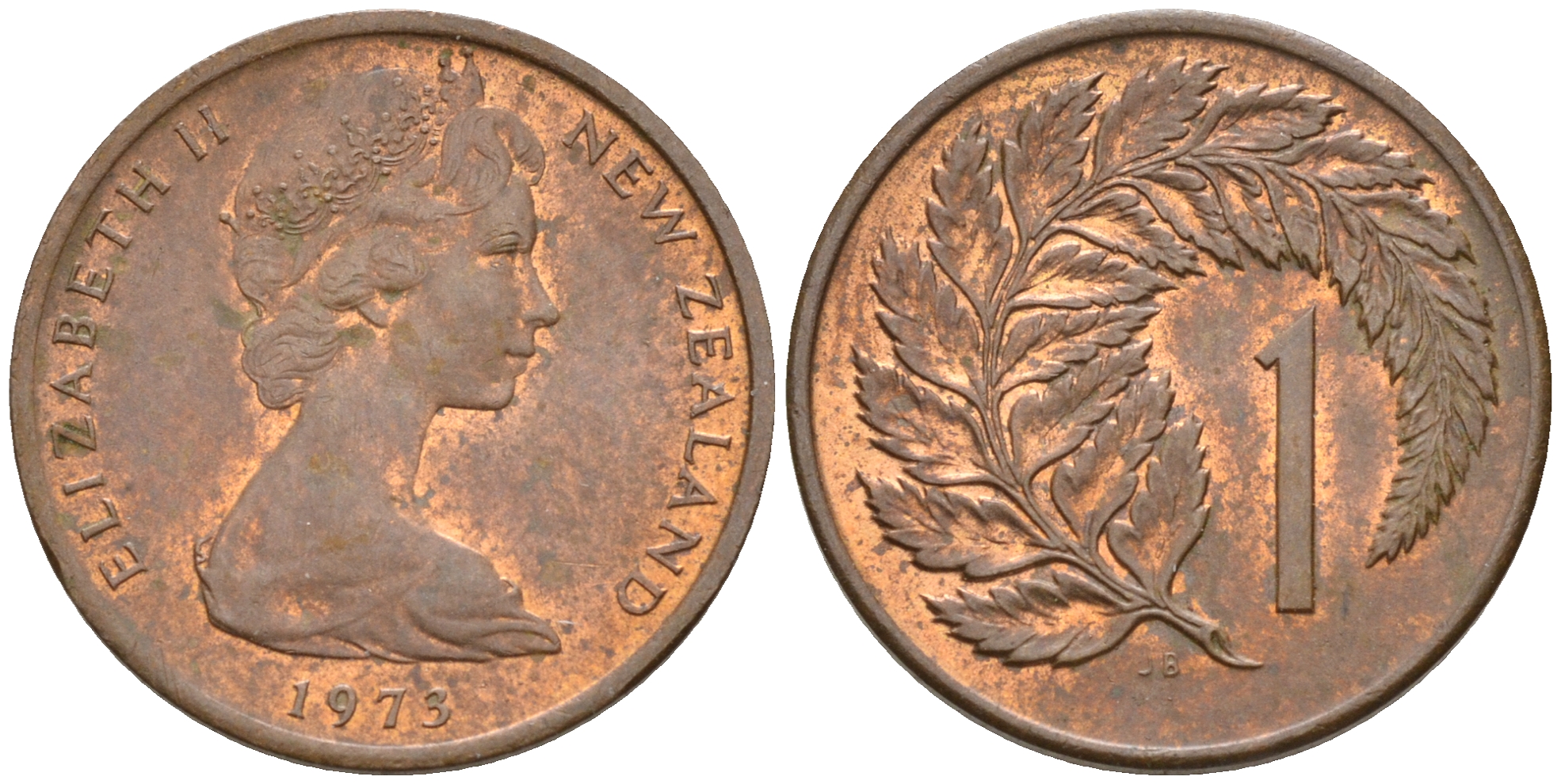 Новая Зеландия 1 цент 1973 Елизавета II (1952-2022), лист папоротника KM 31.1 бронза    4602-633