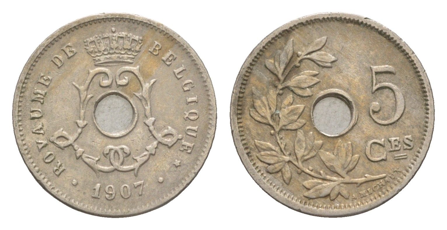 Бельгия 5 сантимов 1907 Belgique, Леопольд I (1865-1909) KM 54 медно-никель 4615-844