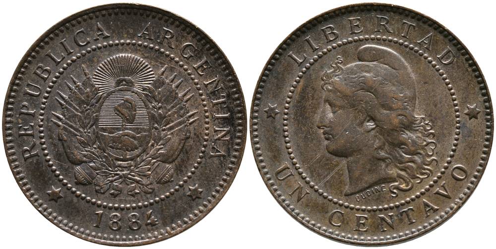Аргентина 1 сентаво 1884 голова свободы влево KM 7 бронза 4525-1021