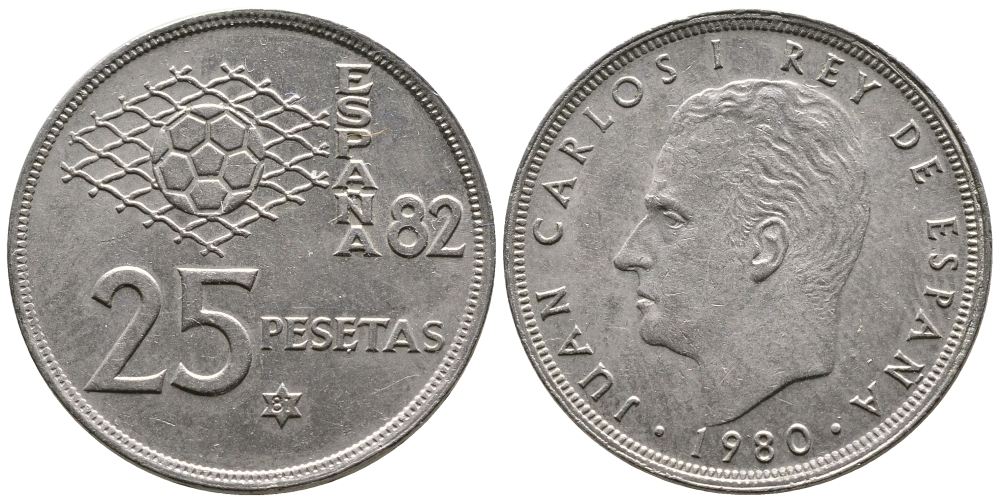 Испания 25 песет 1980 (81) Хуан Карлос, чемпионат мира по футболу Испания 82 KM 818 медно-никель 4110-1546