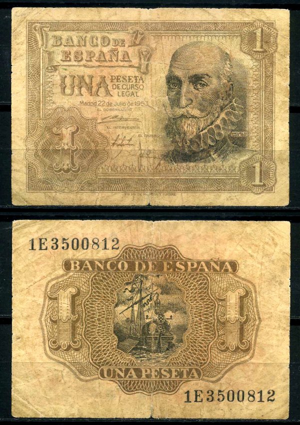 Испания 1 песета 1953 22 июля 1953, Мигель де Санта Круз Pick 144а бумага 7207-42-2-2