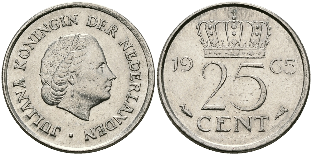 Нидерланды 25 центов 1965 Юлиана (1949-1980) KM 183 никель 96-161