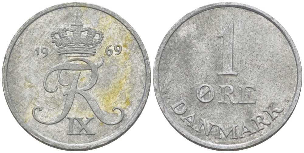 ДАНИЯ 1 ЭРЕ 1969 С; S, ФРЕДЕРИК IX (1947-1972) KM 839.2 цинк 4387-614