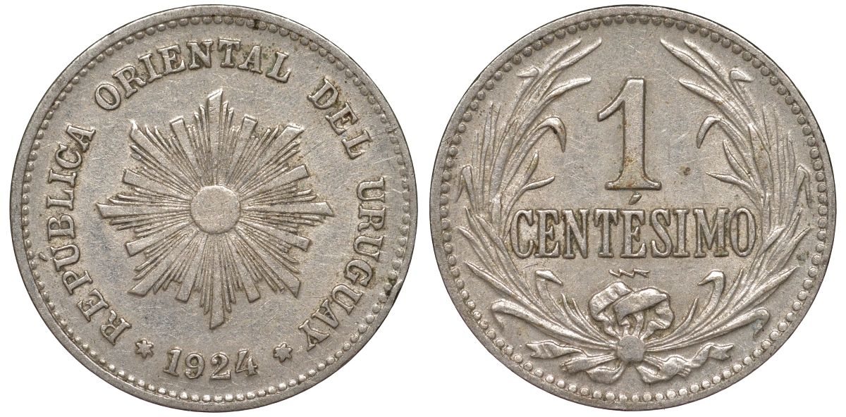 Уругвай 1 сентесимо 1924 KM 19 медно-никель 188-468