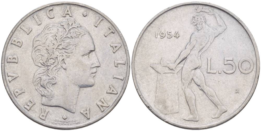 ИТАЛИЯ 50 ЛИР 1954 R, БОГ ОГНЯ ВУЛКАН У НАКОВАЛЬНИ KM 95.1 нержавеющая сталь 4551-332