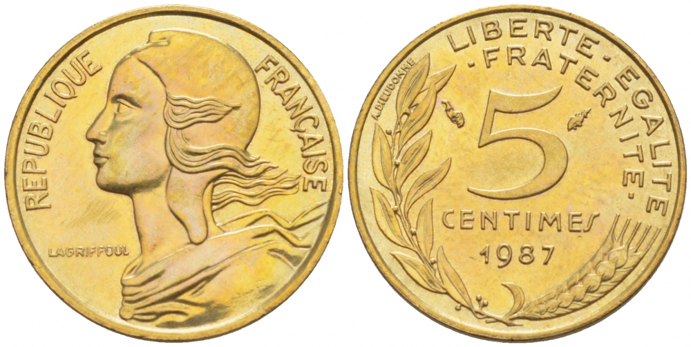ФРАНЦИЯ 5 САНТИМОВ 1987 ТИП MARIANNE KM 933 медь алюминий никель 112-852