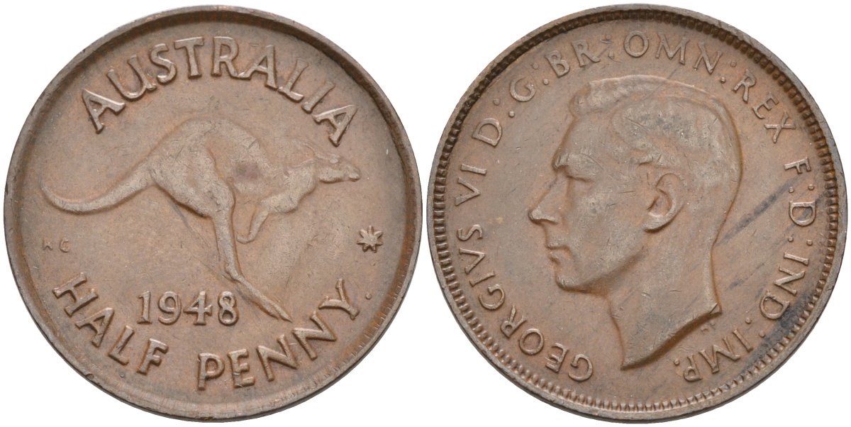 Австралия 1/2 пенни 1948 Георг VI (1937-1952), кенгуру KM 41 бронза 4575-1134