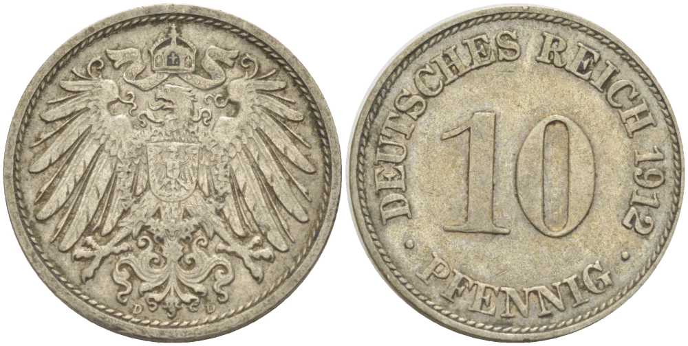 ГЕРМАНИЯ 10 ПФЕННИГОВ 1912 D KM 12, J. 13, Weege 8 медно-никель 212-213