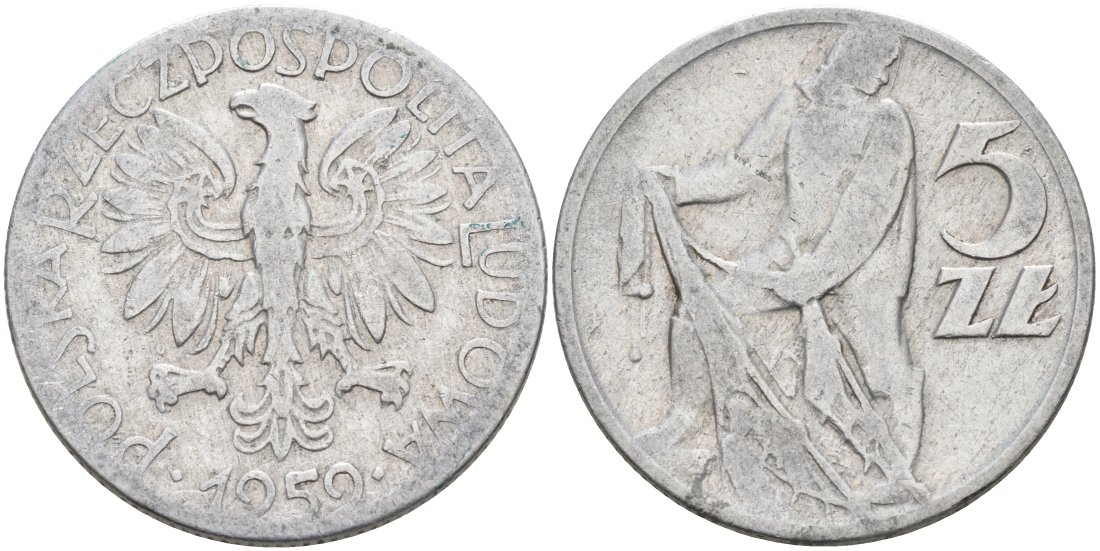 Польша 5 злотых 1959 MW, рыбак KM 47 алюминий 4572-344
