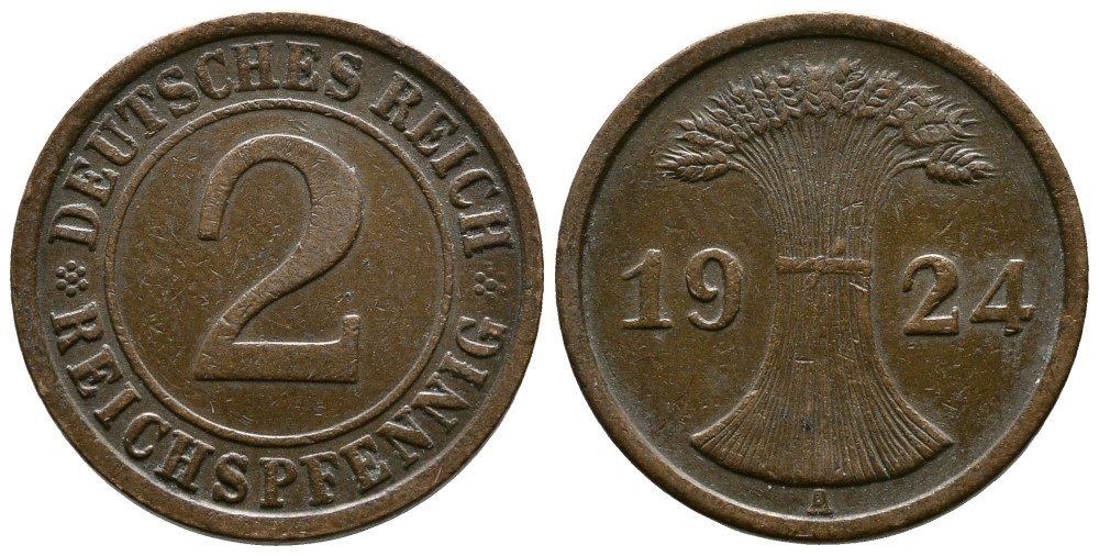 ГЕРМАНИЯ 2 РЕЙХСПФЕННИГА 1924 A KM 38, J. 314 бронза 176-114