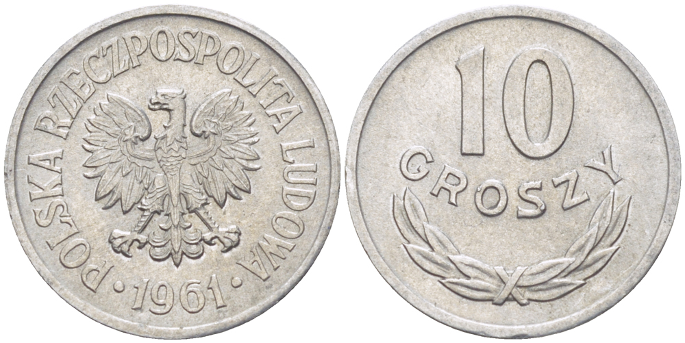 ПОЛЬША 10 ГРОШЕЙ 1961 MW KM AA47, Parchimowicz 206a алюминий XF 4181-132