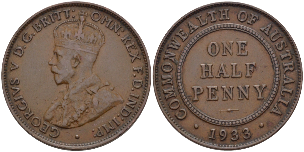 АВСТРАЛИЯ 1/2 ПЕННИ 1933 m, ГЕОРГ V (1910-1936) KM 22 бронза 67-1224
