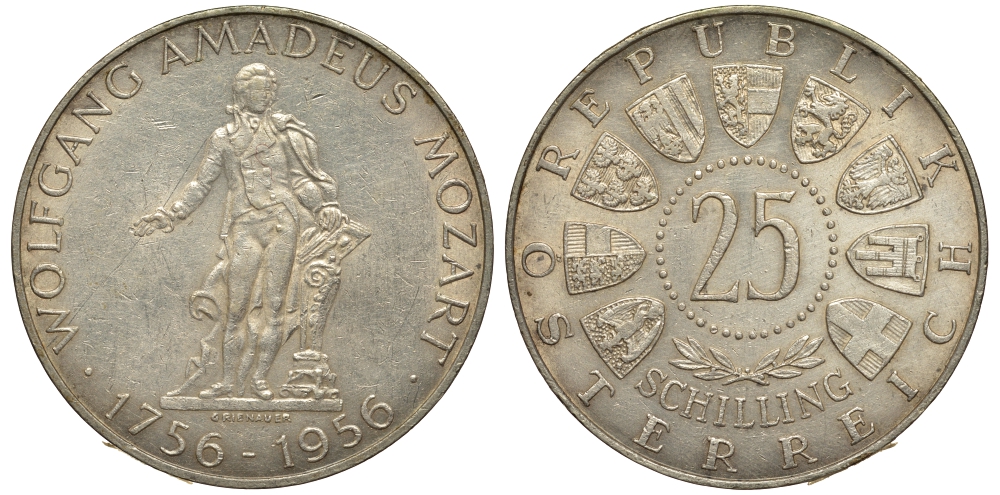 Австрия 25 шиллингов 1956 200 лет со дня рождения Моцарта KM 2881 серебро aUNC 1520-212