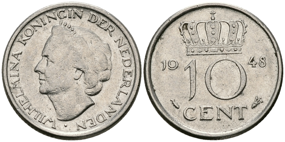 Нидерланды 10 центов 1948 Вильгельмина (1895-1948) KM 177 никель 96-518