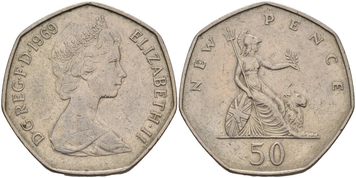 Великобритания 50 пенсов 1969 Елизавета II (1952-2022) KM 913, Spink 4223 (H1) медно-никель 4583-1235