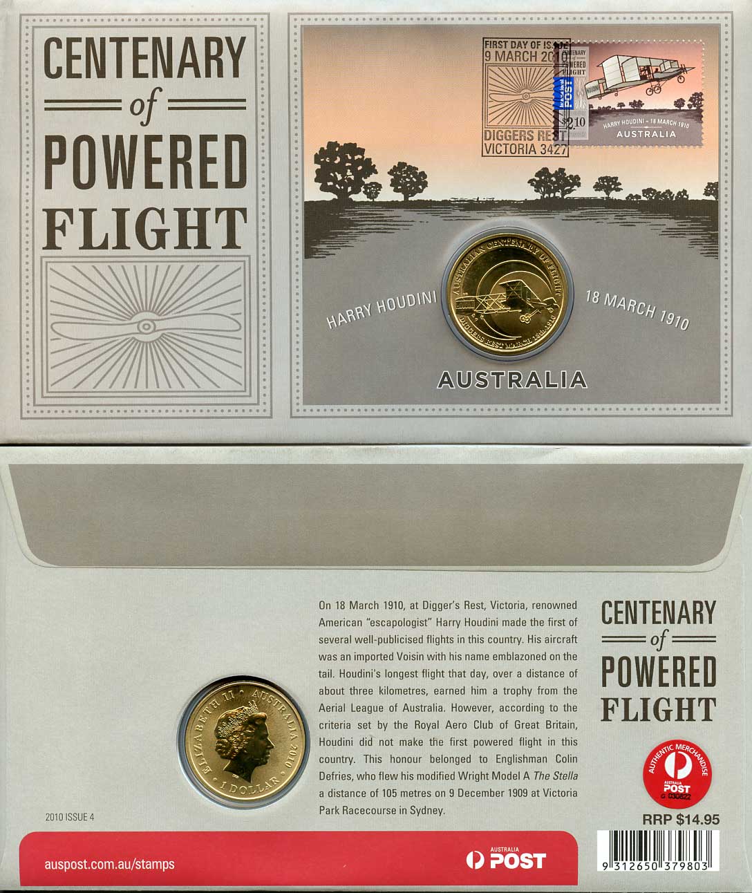 Австралия 1 доллар 2010 100 лет первому полету самолета в Австралии, в оригинальном конверте с маркой первого дня гашения KM 1382 алюминиевая бронза UNC 00-00