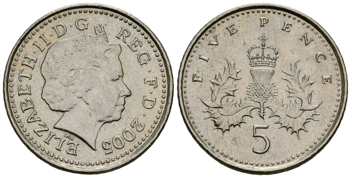 Великобритания 5 пенсов 2005 Елизавета II (1952-2022) KM 988, Spink 4670 (D5) медно-никель 4173-768